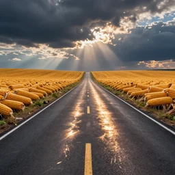 a road made of corn, photo realistic, high reflections, high detail