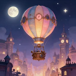 a beautiful stunning fantasy whimsical matte digital illustration of a scene of a steampunk hot - air balloon over a lit steampunk!! city at night by marc simonetti, pastel color palette, disney magic the gathering steampunk!!!, chiaroscuro magical! bokeh moon stars dramatic romantic! epic breathtaking, clock tower,, trending on artstation hq, masterpiece