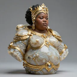intricate slightly iridescent and tanslucent hyperrealistic onyx and gold bust of futuristic obese fierce beautiful cybernetic astronaut black girl empress, soft light