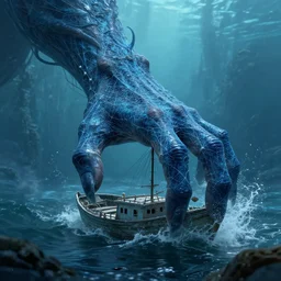 an enormous blue webbed hand of an eldritch sea monster reaching out of the ocean to grab a boat. detailed. photo realistic. john charles dollman. rhads. tianhua xu.