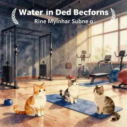 watercolor illustration style, cute! cats!! training in the fitness studio with sports equipment!