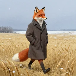 an anthropomorphic fox man wearing a long coat walking across a wheat field, hands in pockets, blizzard, character illustration by Aaron Miller, Greg Rutkowski, thomas kinkade, Howard Pyle, disney, El Greco, Cynthia Sheppard