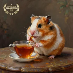 hyper realistic oil painting of a hamster in a fancy place drinking a tea