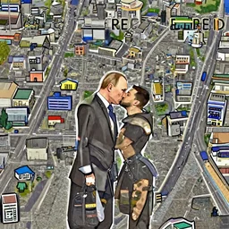 Vladimir Putin kissing Zelensky in gta art style