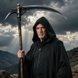 ultra realistic photograph of maury povich with black hood and scythe is grim reaper