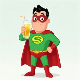 Cider-Man, the superhero who really likes apple juice. Cartoon still.