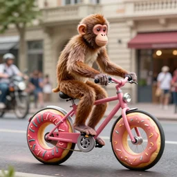 futuristic monkey riding bike with donut wheels in the tour the france