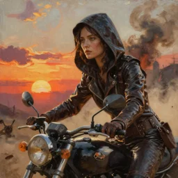 extremely detailed hyperrealistic oil painting, close - up of a woman dressed in leather with a hood riding a motorcycle, post apocalyptic landscape, sunset, lots of dust and smoke clouds, rule of thirds by kim jung gi and greg rutkowski