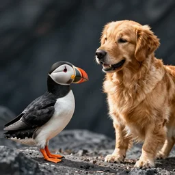 a puffin and a golden retriever playing together
