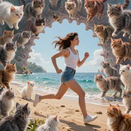 aerial shot of a gorgeous inspiring girl jogging by the sea made of fluffy kittens in Mandelbrot fractal by Craig Mullins, ilya kuvshinov, krenz cushart, artgerm trending on artstation by Edward Hopper and Dan Mumford and WLOP and Rutkovsky, beksinski carl spitzweg moebius and tuomas kocar, intricate artwork by caravaggio, Unreal Engine 5, Lumen, Nanite