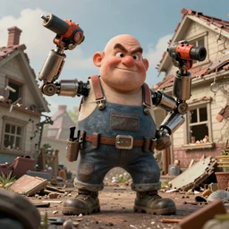 grumpy chunky bald handyman with mechanical powertool arms, in a wrecked home, full body, hyperrealistic digital art masterpiece, highly detailed neo pop surrealism, jason limon kay sage hannah yata, dramatic lighting, low angle, uhd 8 k, sharp focus
