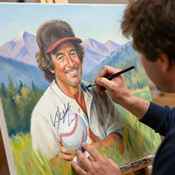 a closeup photorealistic photograph of bob ross working on an image of kenny powers autographing a baseball on a canvas. mountains and trees. film still. brightly lit scene. this 4 k hd image is trending on artstation, featured on behance, well - rendered, extra crisp, features intricate detail, epic composition and the style of unreal engine.