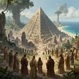 a group of ancient sacred religious cult in robes studying in a large bustling sci fi city with a large pyramid in its center built in a temperate forest with giant trees near a beautiful beach, highly detailed, intricate, digital painting, trending on artstation, concept art, matte painting, art by greg rutkwowski, craig mullins, octane render, 8 k, unreal engine