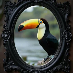 lake toucan inside an intricate oval black mirror, mirror image, cinematic, filmic, wildlife photography, x - ray, ray tracing reflections, insanely detailed and intricate, hypermaximalist, elegant, ornate, hyper realistic, super detailed