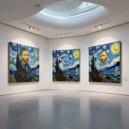 interior futuristic art gallery wide angle highly detailed by santiago calatrava, three wall hanging paintings famous pieces by gogh!, captivating 8 k hdr, octane render godrays hyperrealism