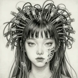 beautiful pure evil teenager korean lain, cute but erratic haircut, with hundreds of network cables, neatly coming out of her head, a part of her face panel is showing, she is in pure bliss, chaos, bizarre, strange, portrait, painting, soft and intricate, fine lines, face is breaking like a porcelain doll, insanity by beautiful, detailed symmetrical close up portrait, intricate complexity, in the style of artgerm and ilya kuvshinov, maxence, edward hopper, wayne barlowe and james gilleard