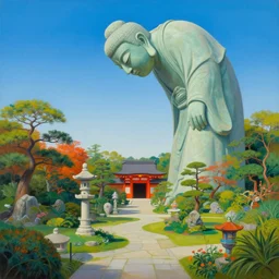 strange weird pagan japanese garden with a big ancient god statue bent over above the garden by beksinski bosch sky by damien hirst, very cohesive and vibrant, serenity, hyperminimalist, 8 k, surreal oil painting, highly detailed, dream like, masterpiece