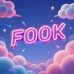flying neon 3 d words in magic colorful clouds in cyberpunk sky, cartoon