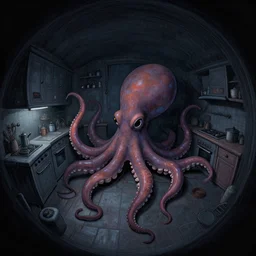 dark palette cyberpunk, fisheye spiral lines, naive, extra narrow, detailed illustration of a kitchen, large floor, octopus shaped by rhads from lorax movie, trending artstation, dark mythic fantasy