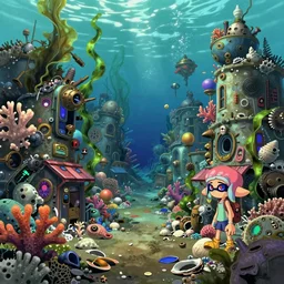 painted anime background of an underwater slums shopping district built from various coral seashells and being reclaimed by nature, seaweed, light diffraction, litter, steampunk, cyberpunk, caustics, anime, vhs distortion, inspired by splatoon by nintendo, art created by miyazaki