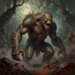 concept art of titan ape, lava rocks, lovecraftian, renaissance, roaring, melting horror, round moon, rich clouds, fighting the horrors of the unknown, overgrown forest, very detailed, volumetric light, mist, fine art, decaying, textured oil over canvas, epic fantasy art, very colorful, ornate scales