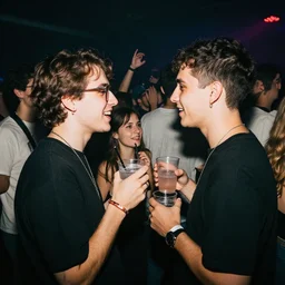 2 friends partying at an alternative concert with drinks, crowd in the back
