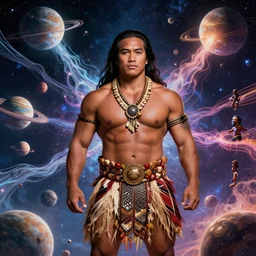 duke kahanamoku as a hawaiian warrior surrounded by intergalactic planets connected by streams of multiversal flow, sigma male, gigachad, visually stunning, luxurious, by wlop, james jean, jakub rebelka, tran nguyen, peter mohrbacher, yoann lossel