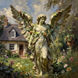 a majestic male garden angel with large wings covered in plants and flowers standing in front of a beautiful cottage, an oil painting by ross tran and thomas kincade