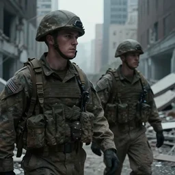 closeup two American soldiers moving cautiously through the ruins of New York City, 8k, cinematic, art by Greg Rutkowski, calm, desolate, melancholy, tense