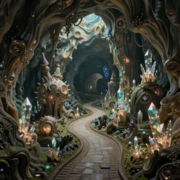 an epic elite masterpiece mysterious sci - fi fantasy matte painting of a winding path through underground cave dream worlds with surreal crystal structures inspired by heironymous bosch, vast surreal cave crystal worlds by asher durand and cyril rolando and natalie shau, insanely detailed and intricate