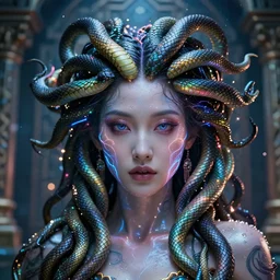 a cyberpunk close up portrait of enchanting cyborg medusa, electricity, rainbow, snakes in hair, sparks, bokeh, soft focus, sparkling, glisten, water drops, cold, dark, geometric, temples behind her, by paul lehr, jesper ejsing