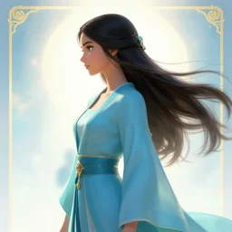 side profile, maya ali, wind sorcerer, dota, robes, elegant, concept art, smooth, oversaturated, tarot, bright cinematic backlit, colorful psychedelic swirly magic ripples, gaudy bold colors, by greg rutkowski, jesper ejsing, ilya kuvshinov, artgerm, mucha