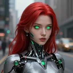 a portrait of a beautiful cyborg girl, red hair, glowing green eyes, urban motifs, intricate, elegant, highly detailed, digital painting, trending on artstation, concept art, smooth sharp focus, illustration, raytracing, 8 k rendering, global illumination