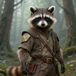 photography of a male anthropomorphic raccoon fursona dressed as a ranger in a misty forest, deep focus, d & d, fantasy, intricate, elegant, highly detailed, digital painting, artstation, concept art, matte, sharp focus, illustration, hearthstone, art by artgerm and greg rutkowski and alphonse mucha