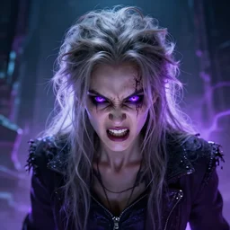 portrait of an angry, unkempt, evil thirty year old supervillian with light ashen hair and vivid violet eyes, dystopian background, fantasy, glowing, aura