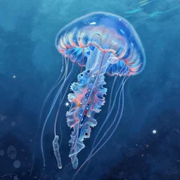 hyper detailed painting of a cyberpunk jellyfish, blue tones, underwater, highly detailed, digital painting, artstation, concept art, smooth, sharp focus, illustration, art by artgerm and greg rutkowski and alphonse mucha