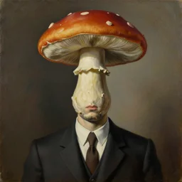surrealist painting of a man with a mushroom for a head, rene magritte, oil on canvas