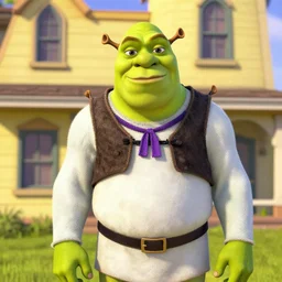 Shrek wearing a tuxedo with a purple tie in front of a yellow house