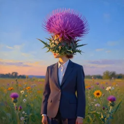portrait, an enormous thistle flower under head, a girl in a suit in field of flowers, surreal photography, sunrise, blue sky, dramatic light, impressionist painting, digital painting, artstation, simon stalenhag