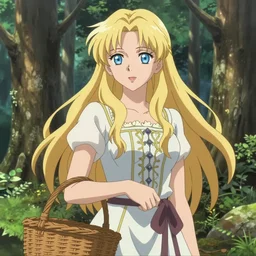 anime portrait of a handsome woman in a forest holding a basket, long blonde hair, blue eyes, wearing intricate dress, ilya kuvshinov, natural lighting, anime, pixiv top monthly, trending on artstation, cinematic, danbooru, zerochan art, kyoto animation