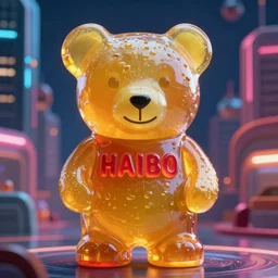 portrait of haribo bear in future city, color and shape focus, cne