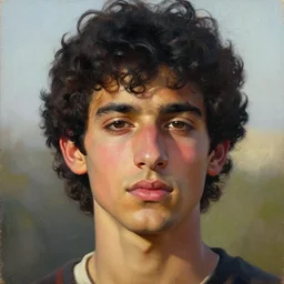 oil painting by ilya kuvshinov, baugh casey, rhads, coby whitmore, of a persian - indian college student, fair olive skin, refined features, high cheekbones, clean shaven, no mustache, young freddie mercury, curly black hair, outdoors, highly detailed, breathtaking face, studio photography, dawn, intense subsurface scattering, blush, supple look, innocence, intense sunlight
