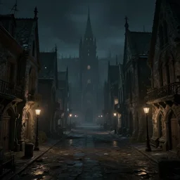 style : dark fantasy. composition : long shot, waist level ; low angle. key words : digital art ; detailed ; 4 k. scenery : a gothic harbor city. subject : no one on the streets ; the town has been deserted. details : at night ; lanterns in the streets.