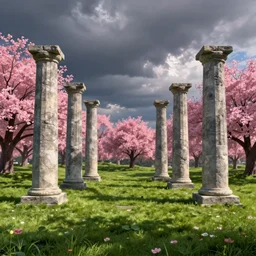 a set of stone columns in a pleasant grass land with some pink trees, digital art