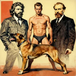 lgbt art, tom of finland style, stalin, and lenin, in billy herrington body, doggy style, art in 4 k, high quality