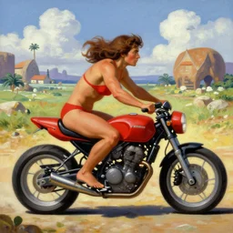 an men in a red bikini on a motorcycle, fantasy world, painted by sylvain sarrailh, rhads, ferdinand knab, trending on artstation