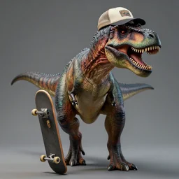 portrait of a tyrannosaurus rex wearing a backwards cap and holding a skateboard, studio lighting, model, hdr, 2 4 mp, fantasy, high detail, elegant, digital painting, natural light, vibrant, intricate, textured skin, highly detailed, artstation, sharp, focus, illustration, anna dittmann, ilya kuvshinov, nikolay makovsky