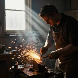 blacksmith working, yellow sparks, rays of light trough a window, atmospheric, dramatic lighting, beautiful