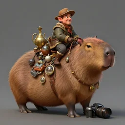 Dwarf Riding a giant capybara carrying trinkets, camera underneath, art by World of Warcraft Art Direction and Sergey Kolesov, art station, concept art,