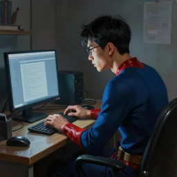 an insanely detailed painting of a nerdy asian man wearing a superhero costume, sitting at a desk, staring at the nervously at the computer and typing, in the style of peter mohrbacher, dramatic lighting and composition, octane render, pixar, trending on artstation, concept art, comic book, view from behind